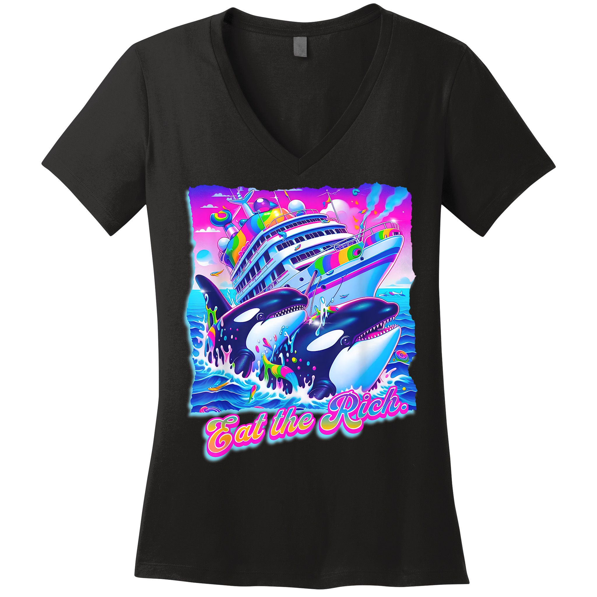 Eat The Rich Whale 90s Orca Funny Whale Animal Yacht Retro Women's V-Neck T-Shirt
