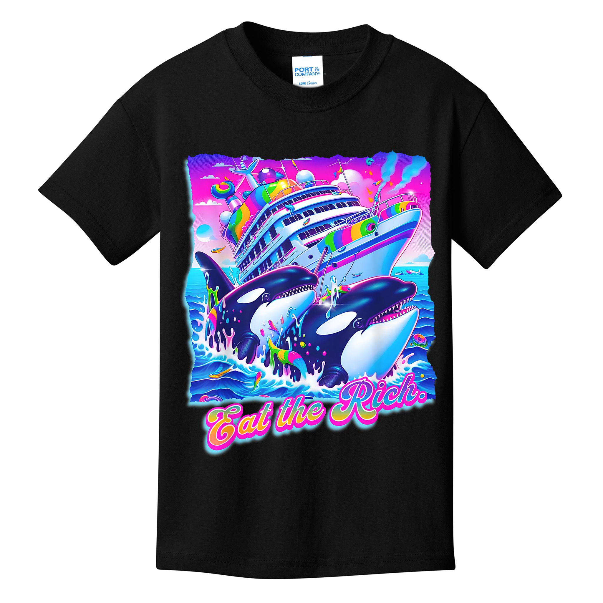 Eat The Rich Whale 90s Orca Funny Whale Animal Yacht Retro Kids T-Shirt