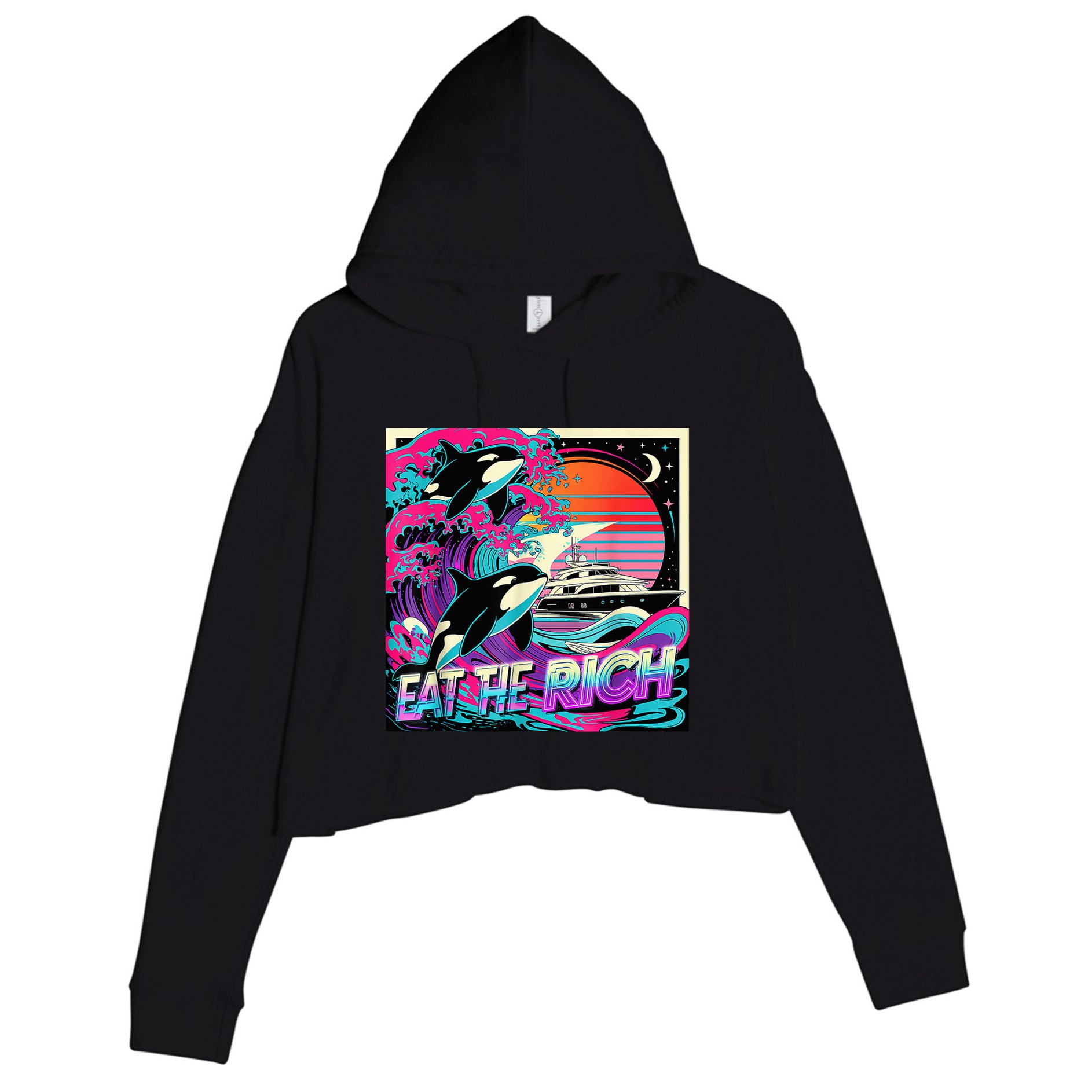 Eat The Rich Vintage Retro Sunset And Waving Style Ocean Crop Fleece Hoodie