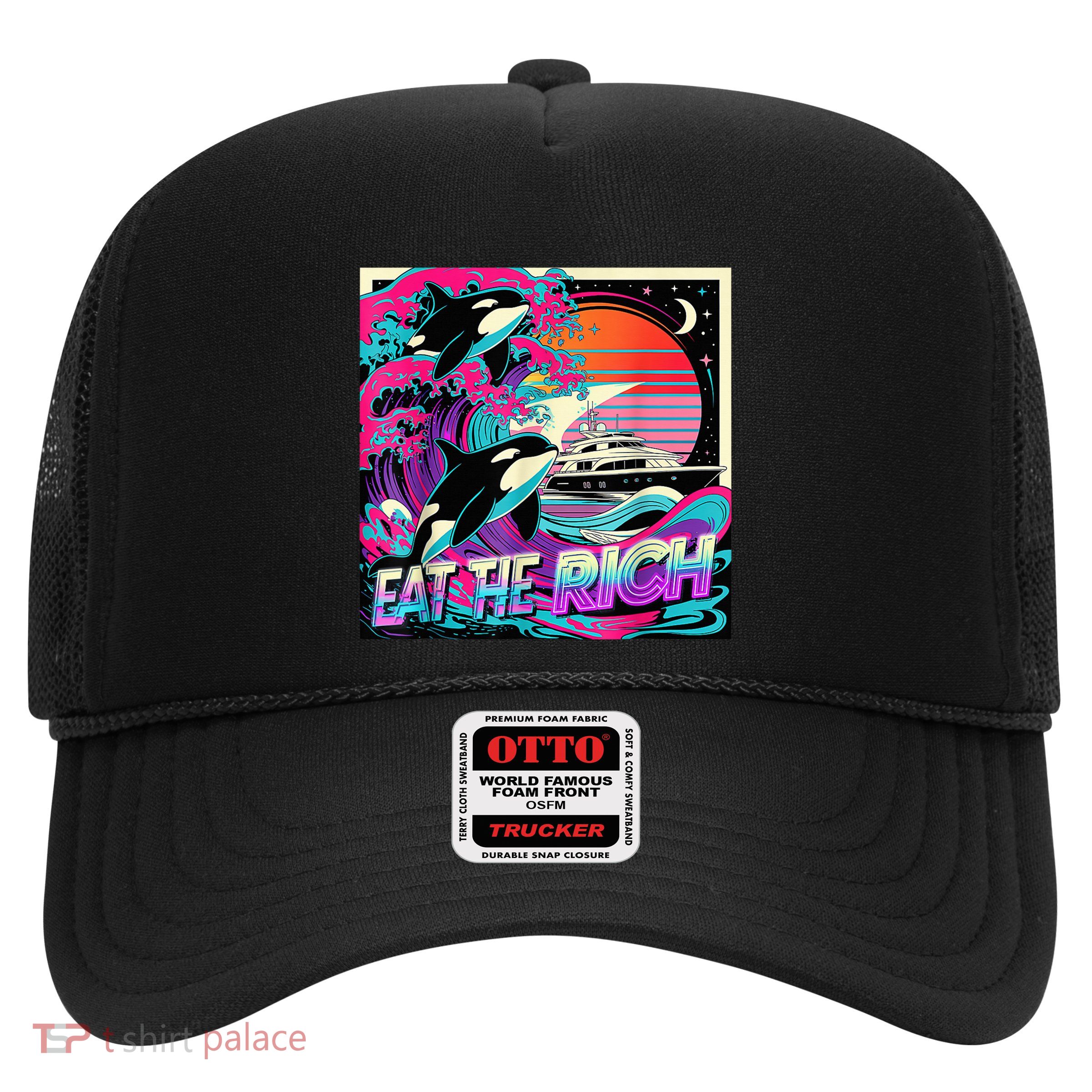 Eat The Rich Vintage Retro Sunset And Waving Style Ocean Trucker Hat