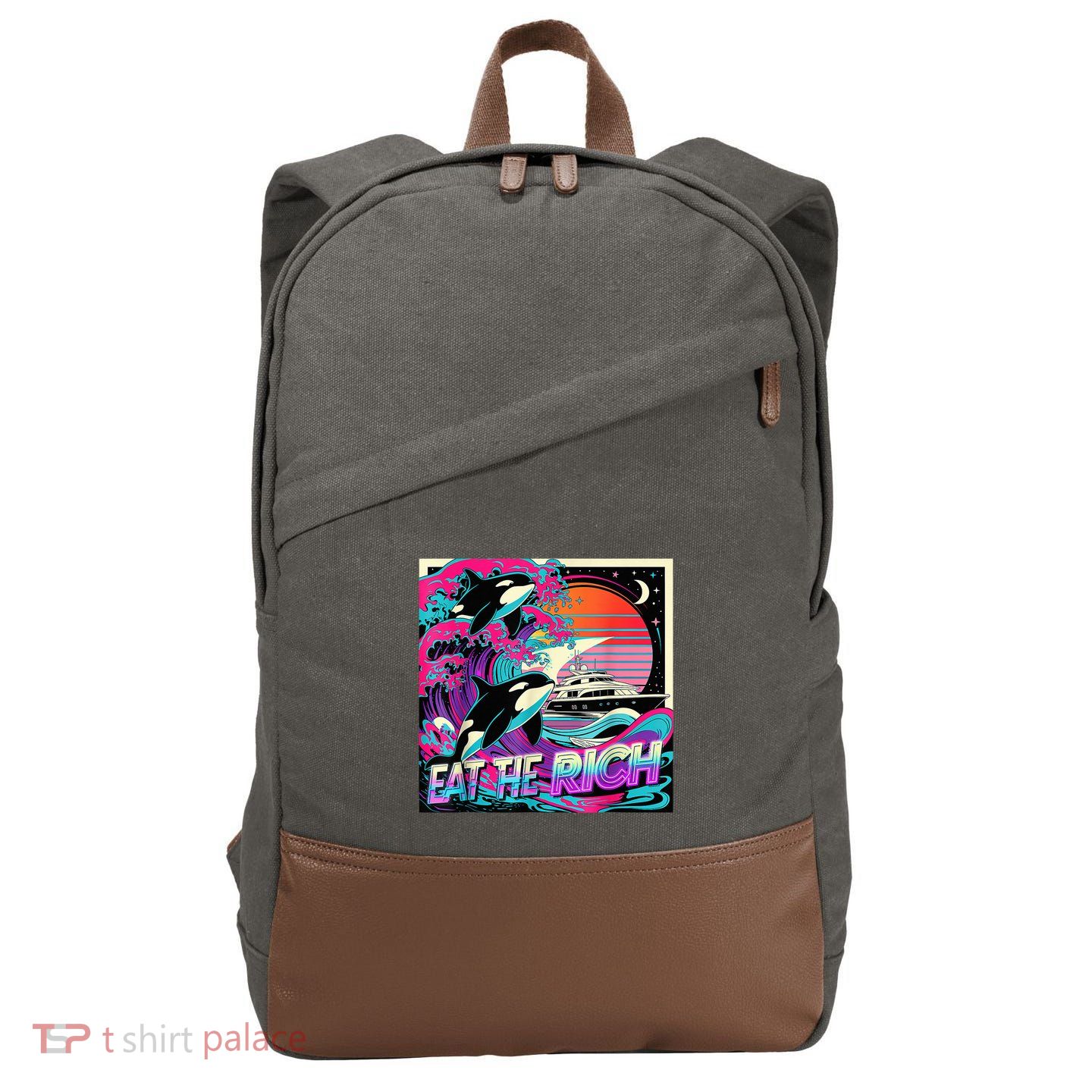 Eat The Rich Vintage Retro Sunset And Waving Style Ocean Cotton Canvas Backpack