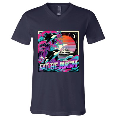 Eat The Rich Vintage Retro Sunset And Waving Style Ocean V-Neck T-Shirt