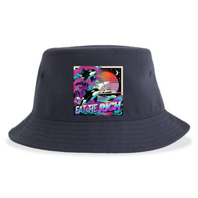 Eat The Rich Vintage Retro Sunset And Waving Style Ocean Sustainable Bucket Hat