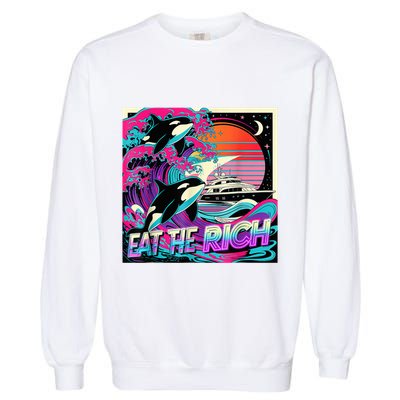 Eat The Rich Vintage Retro Sunset And Waving Style Ocean Garment-Dyed Sweatshirt