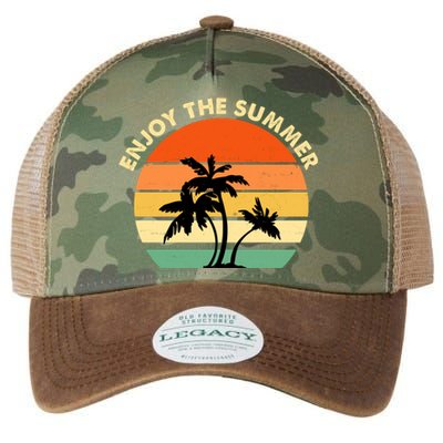 Enjoy The Summer Retro Sunset Palm Tree Legacy Tie Dye Trucker Hat