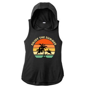 Enjoy The Summer Retro Sunset Palm Tree Ladies PosiCharge Tri-Blend Wicking Draft Hoodie Tank