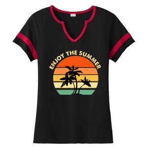 Enjoy The Summer Retro Sunset Palm Tree Ladies Halftime Notch Neck Tee