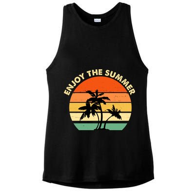 Enjoy The Summer Retro Sunset Palm Tree Ladies PosiCharge Tri-Blend Wicking Tank