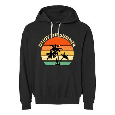 Enjoy The Summer Retro Sunset Palm Tree Garment-Dyed Fleece Hoodie