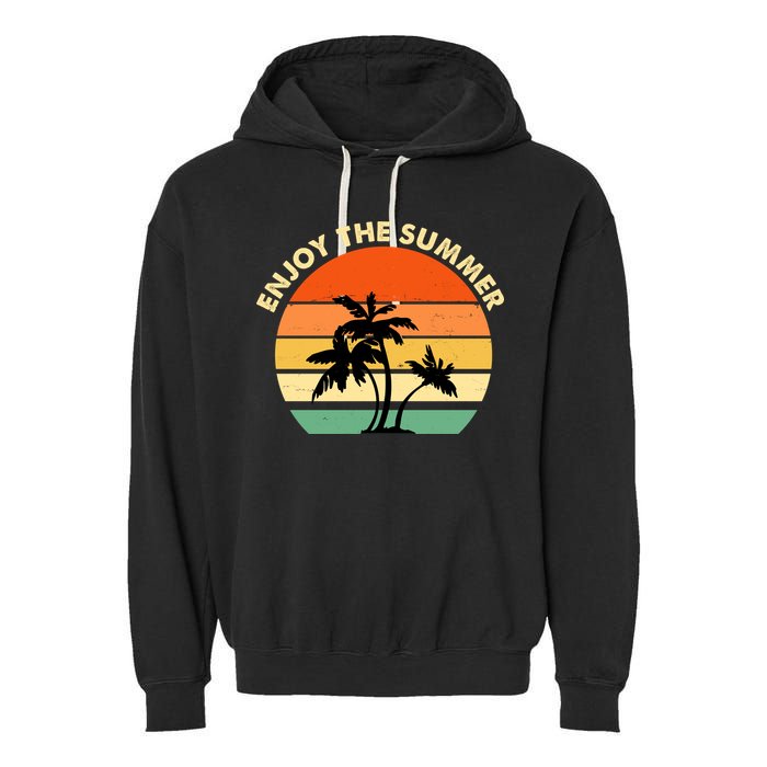 Enjoy The Summer Retro Sunset Palm Tree Garment-Dyed Fleece Hoodie