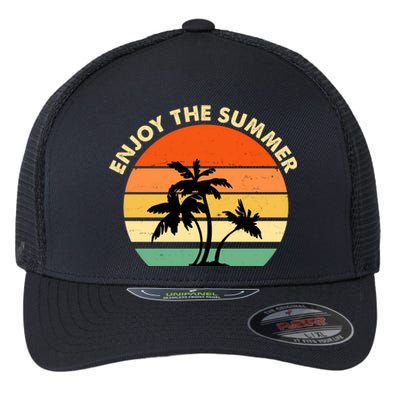 Enjoy The Summer Retro Sunset Palm Tree Flexfit Unipanel Trucker Cap