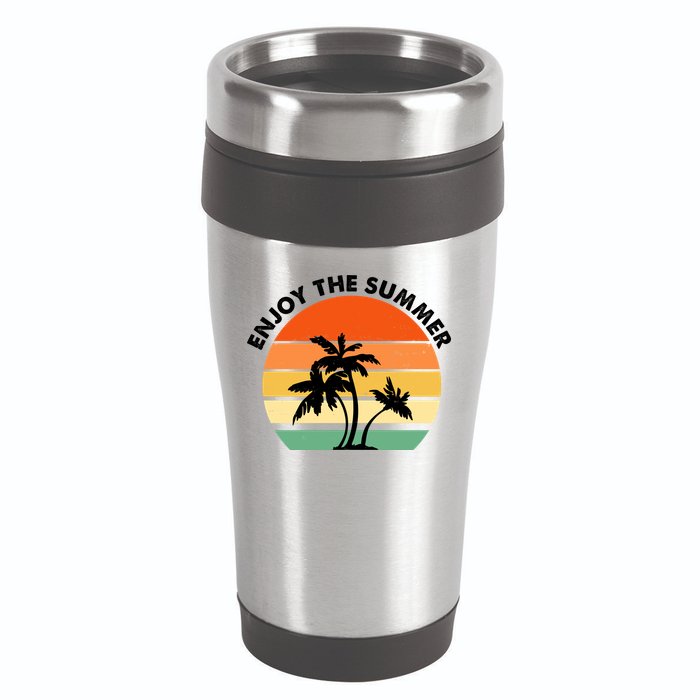 Enjoy The Summer Retro Sunset Palm Tree 16oz Travel Tumbler