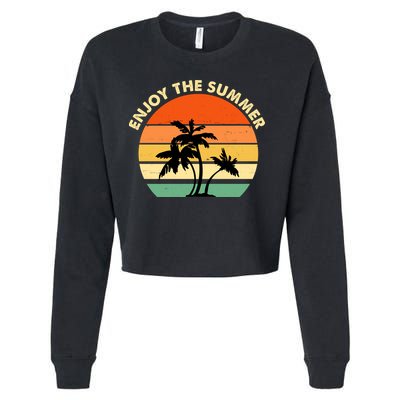 Enjoy The Summer Retro Sunset Palm Tree Cropped Pullover Crew