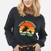 Enjoy The Summer Retro Sunset Palm Tree Cropped Pullover Crew