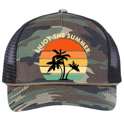 Enjoy The Summer Retro Sunset Palm Tree Retro Rope Trucker Hat Cap