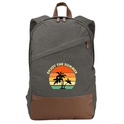 Enjoy The Summer Retro Sunset Palm Tree Cotton Canvas Backpack