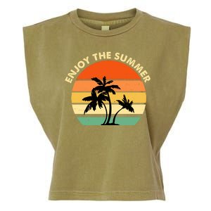 Enjoy The Summer Retro Sunset Palm Tree Garment-Dyed Women's Muscle Tee