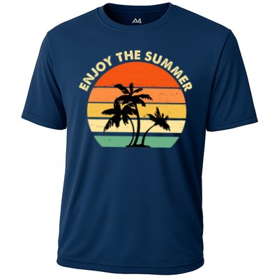 Enjoy The Summer Retro Sunset Palm Tree Cooling Performance Crew T-Shirt