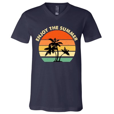 Enjoy The Summer Retro Sunset Palm Tree V-Neck T-Shirt