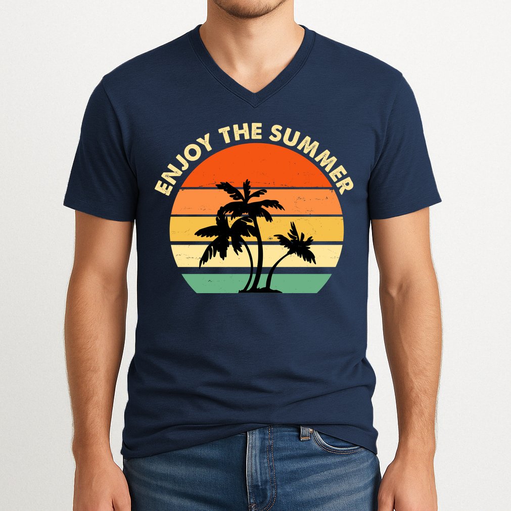 Enjoy The Summer Retro Sunset Palm Tree V-Neck T-Shirt