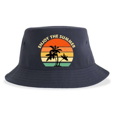 Enjoy The Summer Retro Sunset Palm Tree Sustainable Bucket Hat