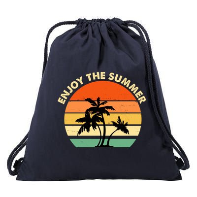 Enjoy The Summer Retro Sunset Palm Tree Drawstring Bag