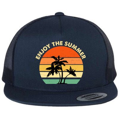 Enjoy The Summer Retro Sunset Palm Tree Flat Bill Trucker Hat