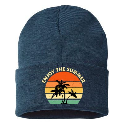 Enjoy The Summer Retro Sunset Palm Tree Sustainable Knit Beanie