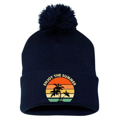 Enjoy The Summer Retro Sunset Palm Tree Pom Pom 12in Knit Beanie