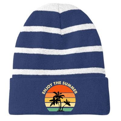 Enjoy The Summer Retro Sunset Palm Tree Striped Beanie with Solid Band