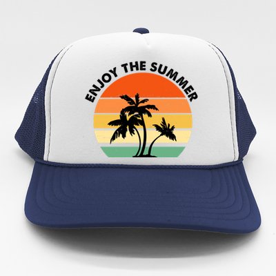 Enjoy The Summer Retro Sunset Palm Tree Trucker Hat