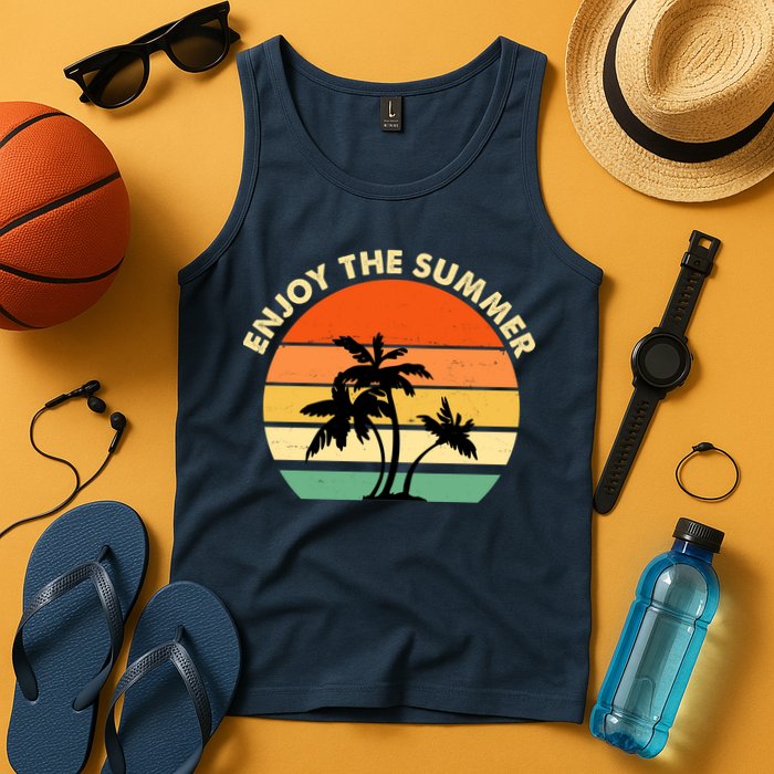 Enjoy The Summer Retro Sunset Palm Tree Tank Top
