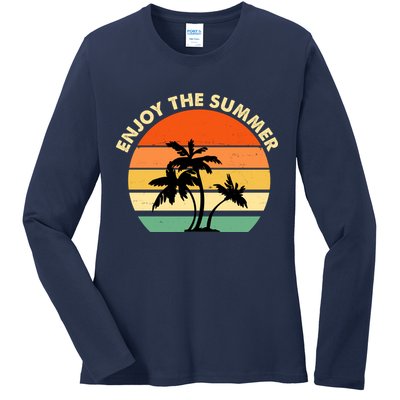 Enjoy The Summer Retro Sunset Palm Tree Ladies Long Sleeve Shirt