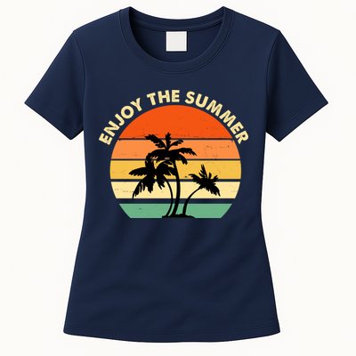 Enjoy The Summer Retro Sunset Palm Tree Womens T-Shirt