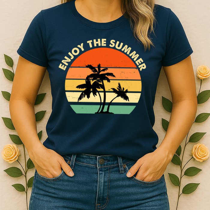 Enjoy The Summer Retro Sunset Palm Tree Womens T-Shirt