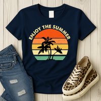Enjoy The Summer Retro Sunset Palm Tree Womens T-Shirt