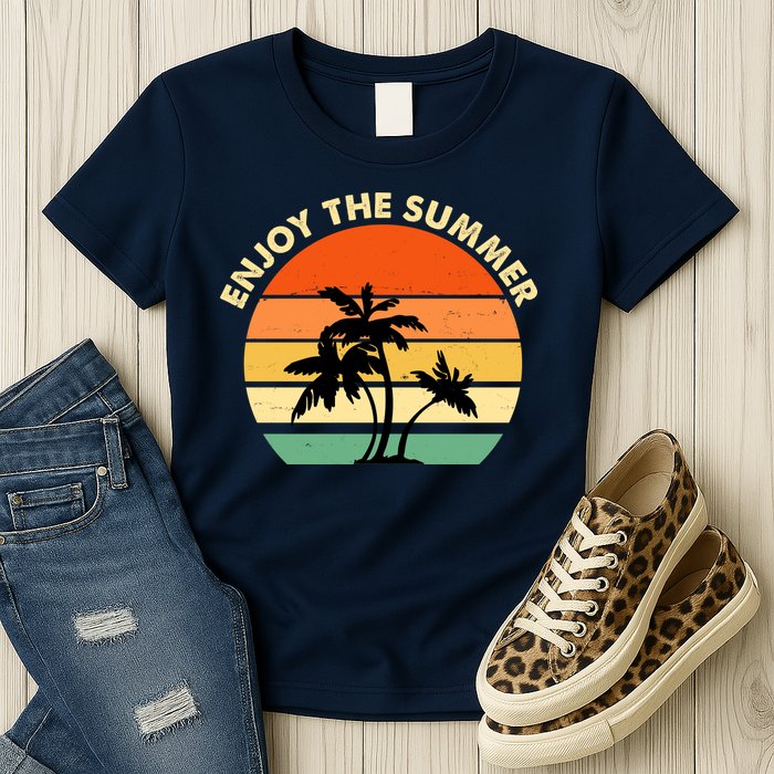 Enjoy The Summer Retro Sunset Palm Tree Womens T-Shirt
