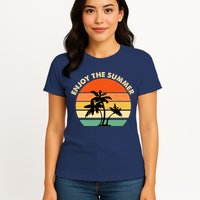Enjoy The Summer Retro Sunset Palm Tree Womens T-Shirt