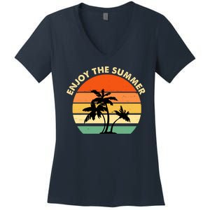 Enjoy The Summer Retro Sunset Palm Tree Women's V-Neck T-Shirt