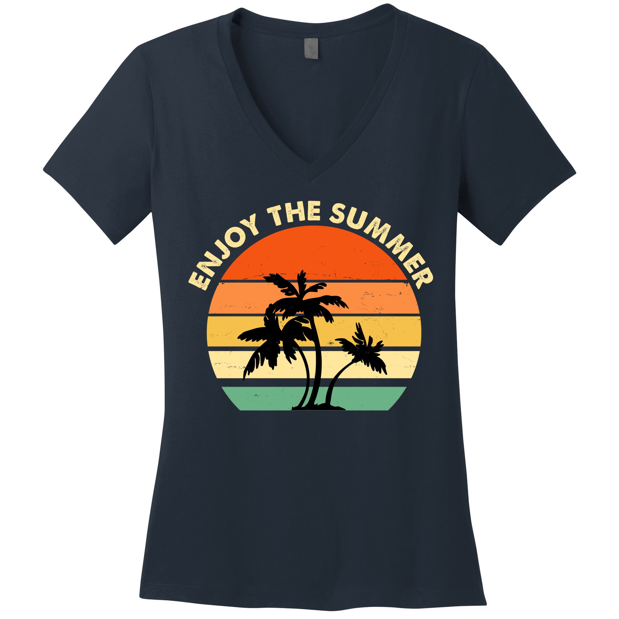 Enjoy The Summer Retro Sunset Palm Tree Women's V-Neck T-Shirt