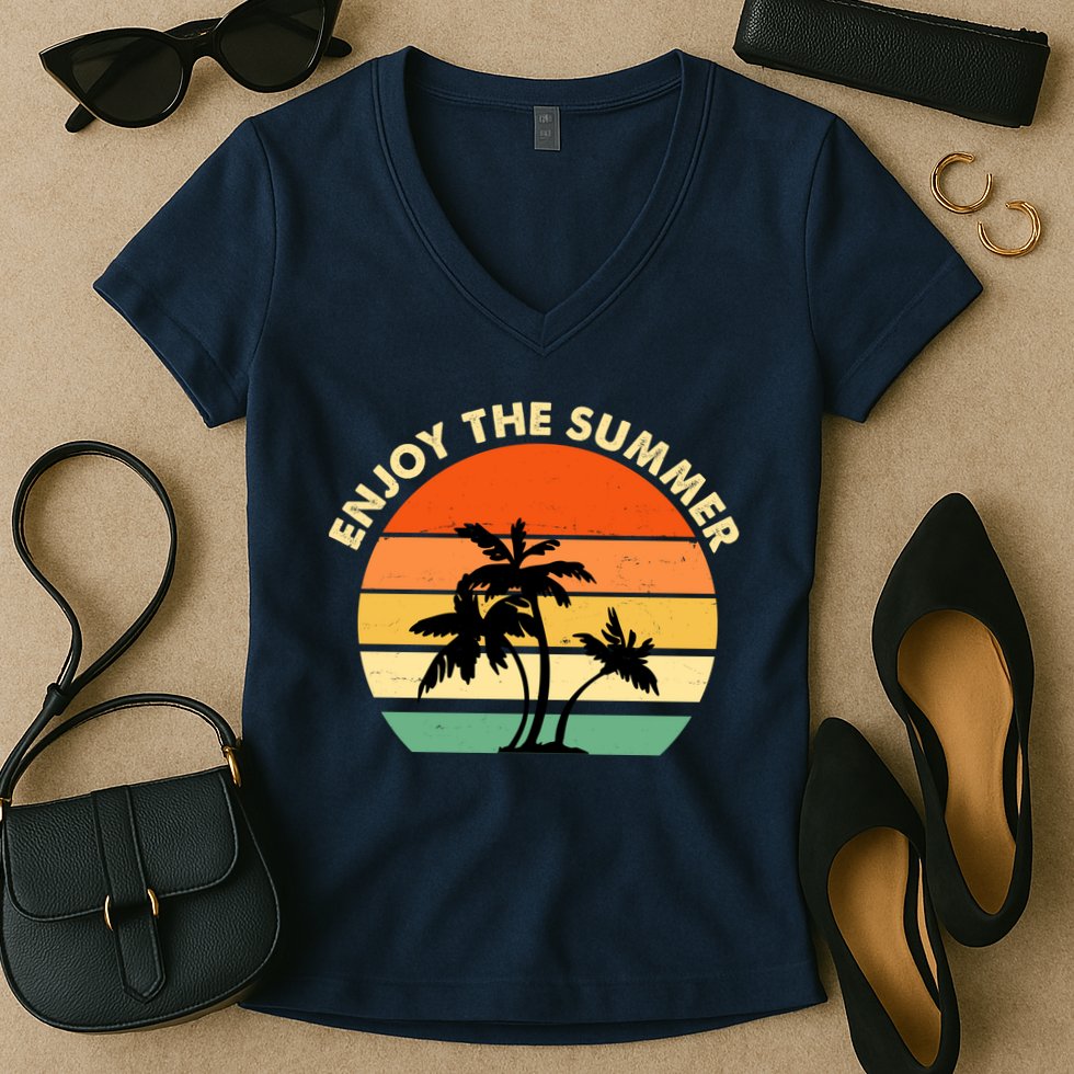 Enjoy The Summer Retro Sunset Palm Tree Women's V-Neck T-Shirt