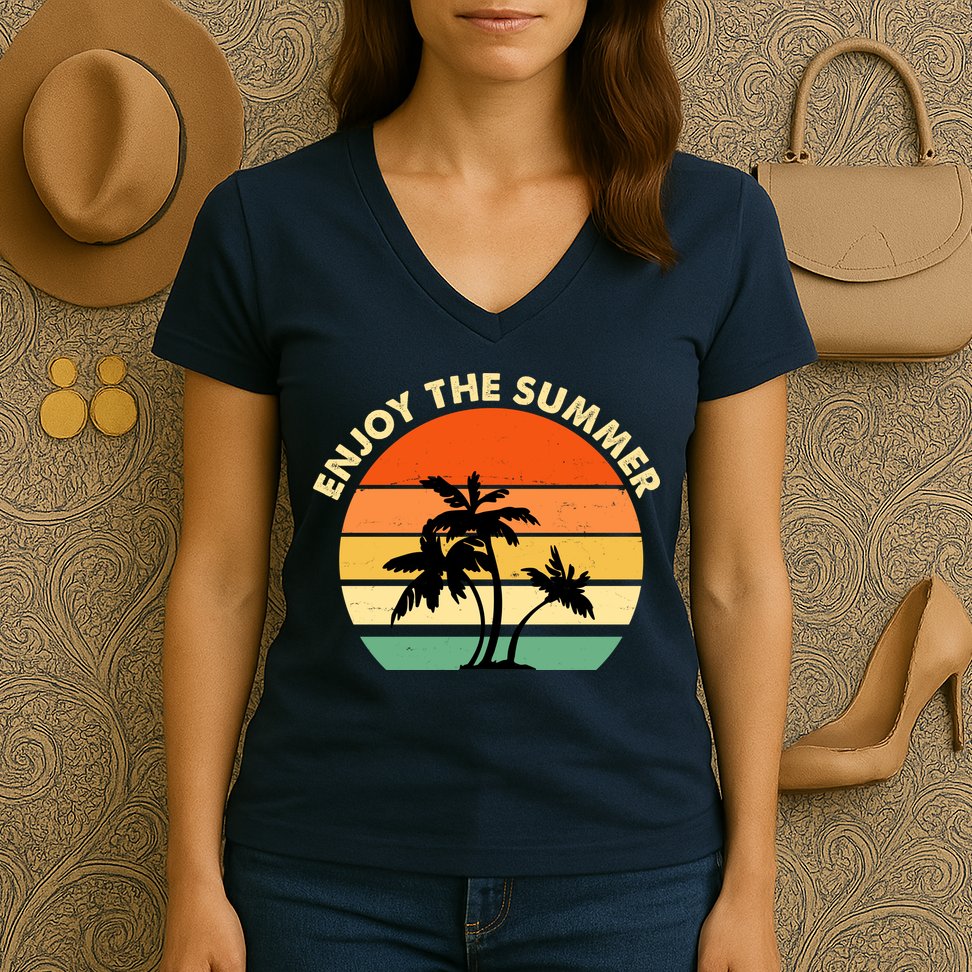Enjoy The Summer Retro Sunset Palm Tree Women's V-Neck T-Shirt