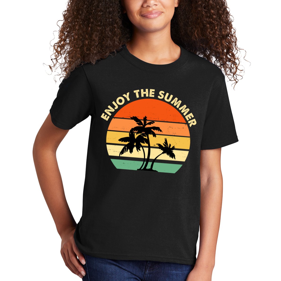 Enjoy The Summer Retro Sunset Palm Tree Kids T-Shirt