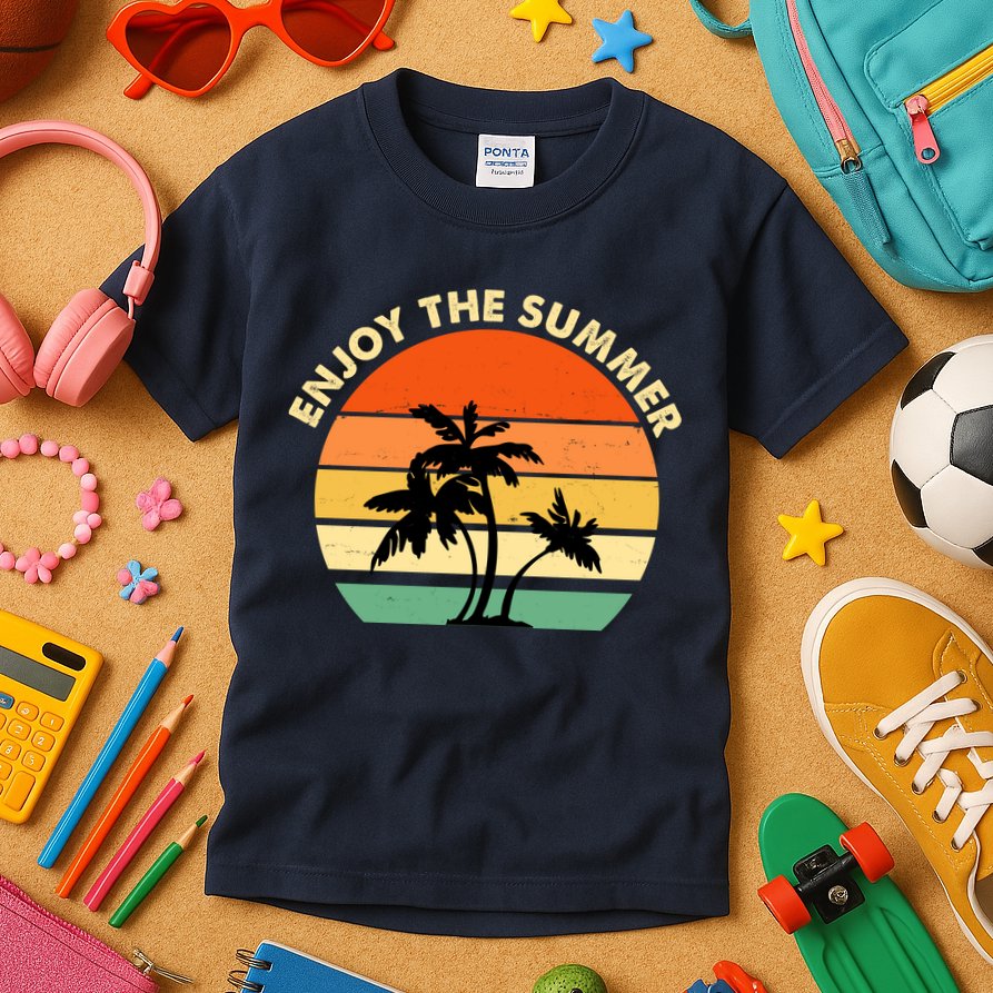 Enjoy The Summer Retro Sunset Palm Tree Kids T-Shirt