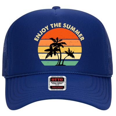 Enjoy The Summer Retro Sunset Palm Tree High Crown Mesh Back Trucker Hat