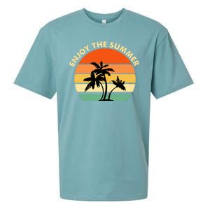 Enjoy The Summer Retro Sunset Palm Tree Sueded Cloud Jersey T-Shirt