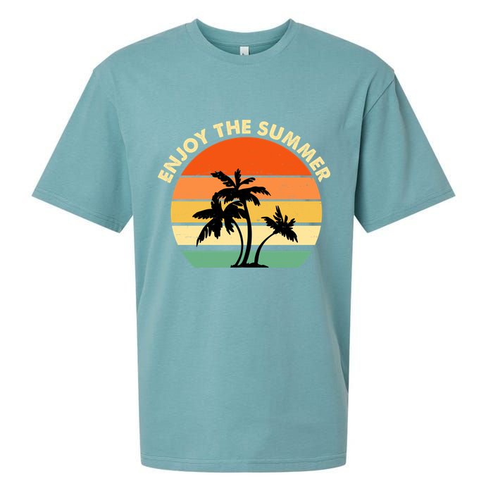 Enjoy The Summer Retro Sunset Palm Tree Sueded Cloud Jersey T-Shirt
