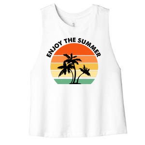 Enjoy The Summer Retro Sunset Palm Tree Women's Racerback Cropped Tank