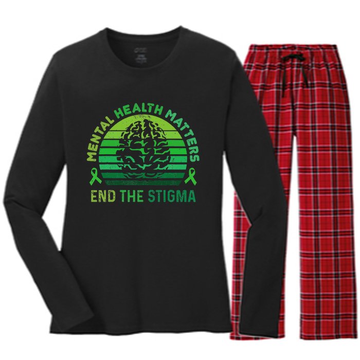 End The Stigma Mental Health Matters Mental Awareness Gifts Women's Long Sleeve Flannel Pajama Set 