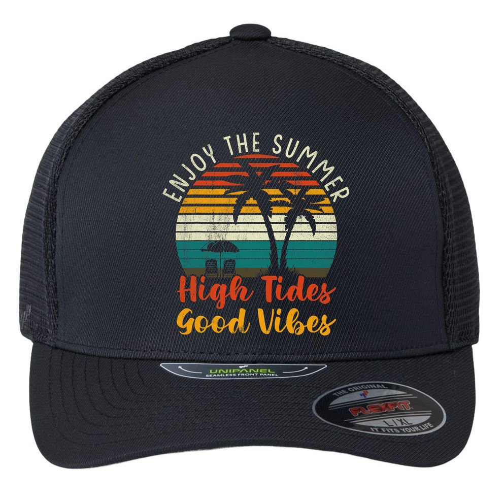 Enjoy The Summer High Tides Good Vibes Flexfit Unipanel Trucker Cap